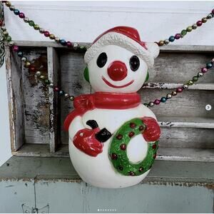 Vintage Snowman Tabletop Blow Mold Christmas Plastic Pipe Wreath Union 10.5"